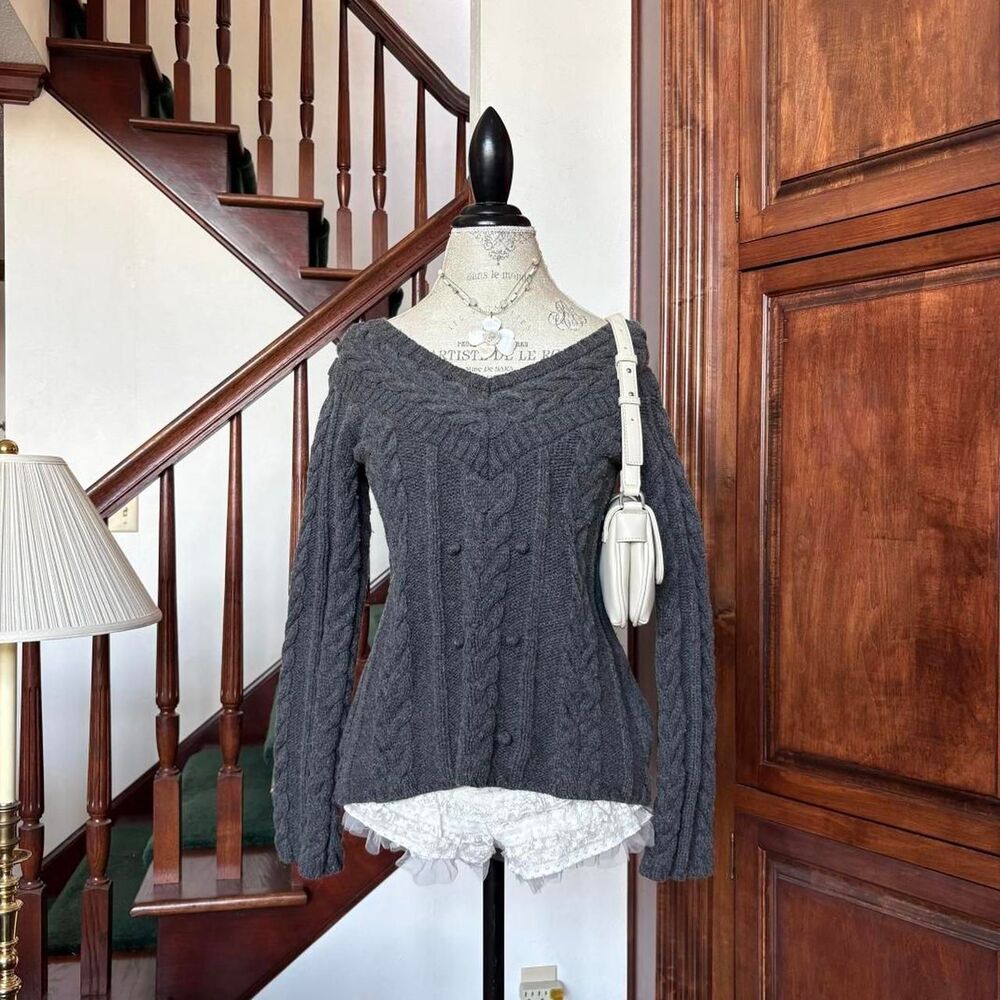 Vintage Lambs Wool Cotton grey Sweater Old Navy Grey Knit V Neck